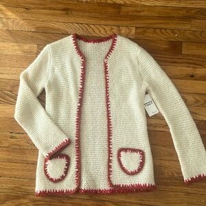 Handmade vintage sweater cardigan *NWT* in off white with red stitching